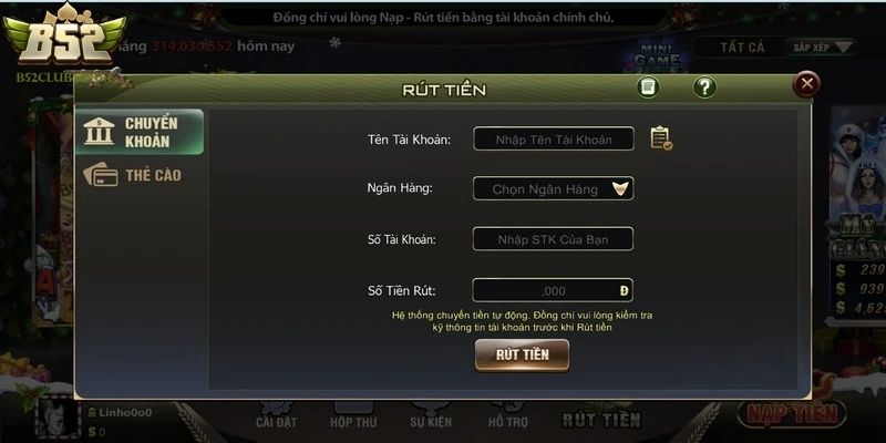 Hướng dẫn chi tiết các bước cần làm để rút tiền B52club